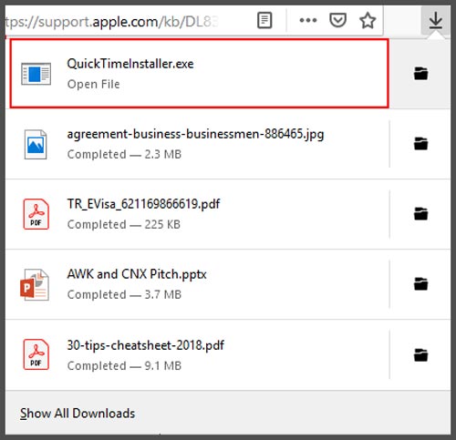 Windows QuickTime indirme dosyasını açın