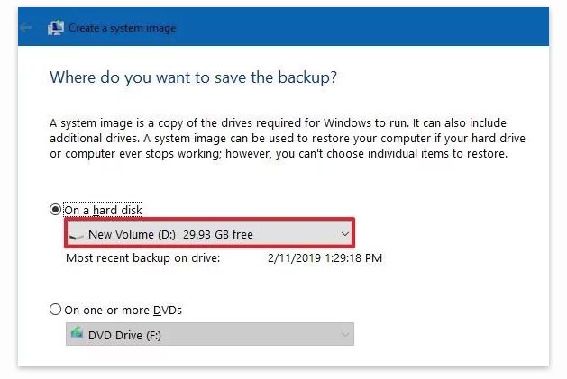 Harici bir sabit diske Windows 10 yedekleme dosyası oluşturun