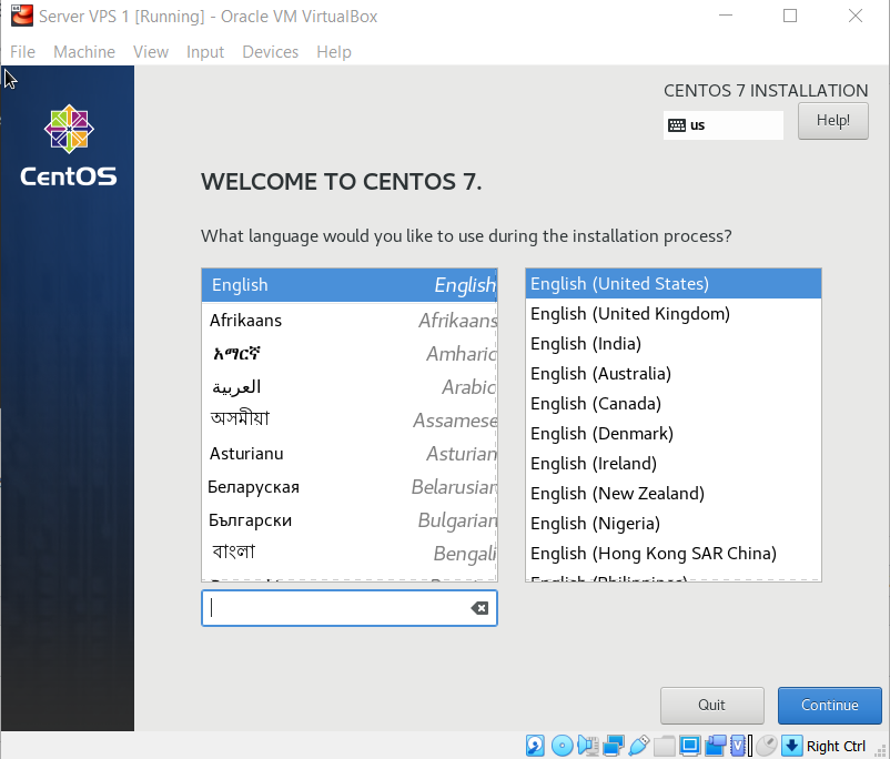 centos 7 kurulum ekranında dilin seçilmesi
