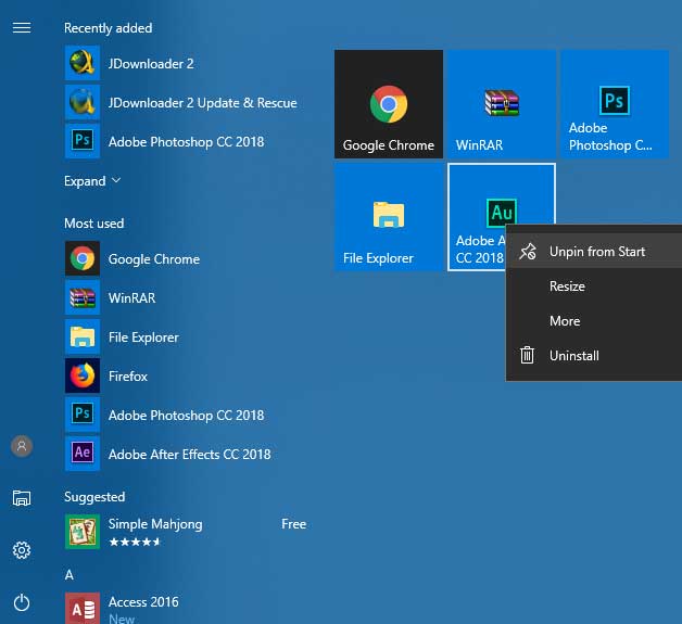 Windows 10 Minimalist Başlat Menüsü